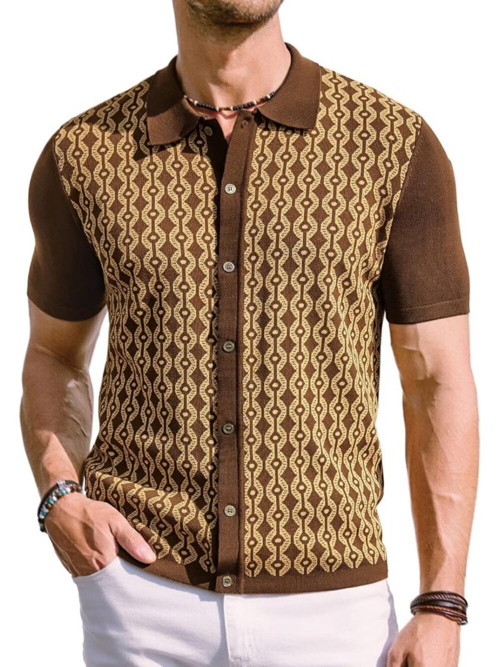 Men's Brown 70s Vintage Contrast Polo Short Sleeve Retro Knitwear Shirt